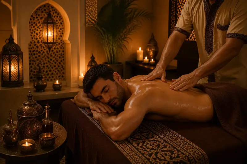 Guest receiving a relaxing Arabic oil massage under lantern light in a private room at VIP Spa Majan