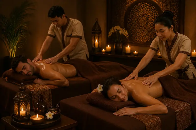 Two therapists giving a synchronised couples massage on side-by-side beds in a private candlelit room at VIP Spa Majan