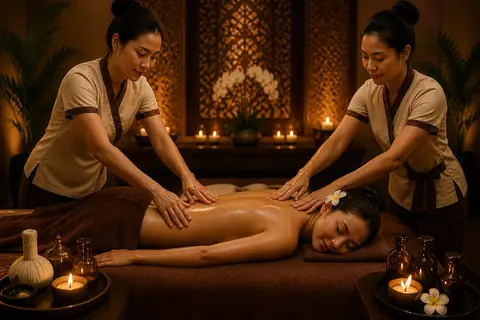 Two therapists working in synchrony during a four hand massage in a candlelit private room at VIP Spa Majan