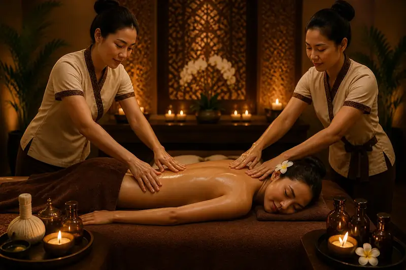 Two therapists working in synchrony during a four hand massage in a candlelit private room at VIP Spa Majan