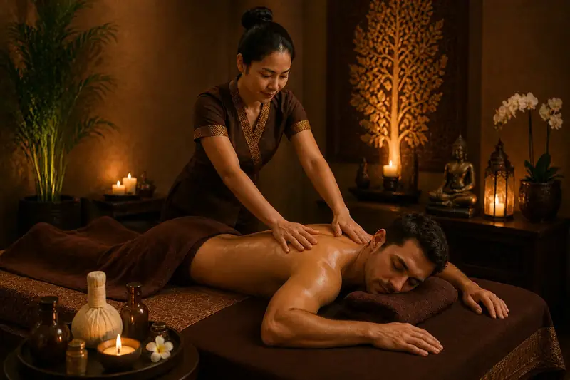 Therapist working along the back during a full body oil massage in a warm private room at VIP Spa Majan