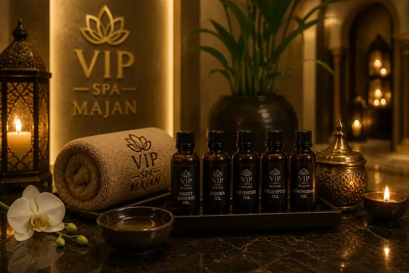 Warm aromatic oils set out ready for an Arabic massage at VIP Spa Majan