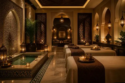 Moroccan bath hall with a plunge pool, mosaic tiling and three prepared treatment beds
