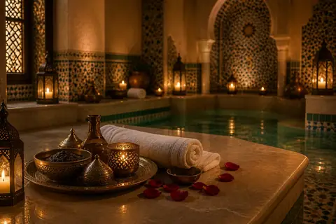 Moroccan hammam setting at VIP Spa Majan with brass bowls, black soap, rolled towels and a warm mosaic-tiled bath
