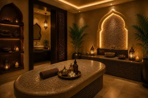 Moroccan bath room with a mosaic-tiled bath, brass bowls and a rolled towel