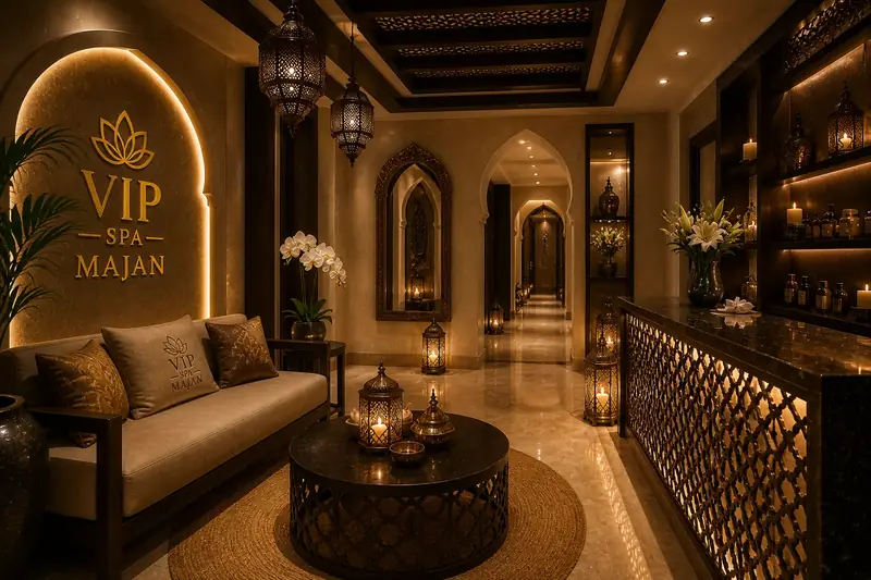 Warmly lit lounge at VIP Spa Majan inside Midtown Central Mall
