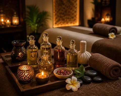 Tray of massage oils, herbal compress balls and hot stones beside a prepared treatment bed