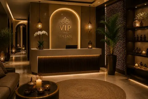 Lit reception desk with the VIP Spa Majan sign, orchids and lanterns inside Midtown Central Mall