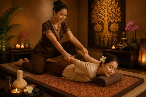 Thai therapist performing an assisted stretch during a Thai massage in a warm, candlelit room at VIP Spa Majan