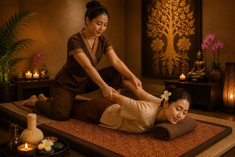 Thai therapist performing an assisted stretch during a Thai massage in a warm, candlelit room at VIP Spa Majan