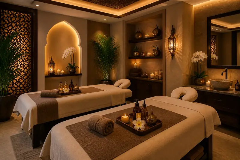 Two treatment beds prepared with fresh linen at VIP Spa Majan