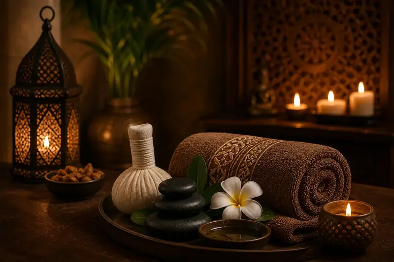 Rolled towels, hot stones and herbal compress on a tray at VIP Spa Majan